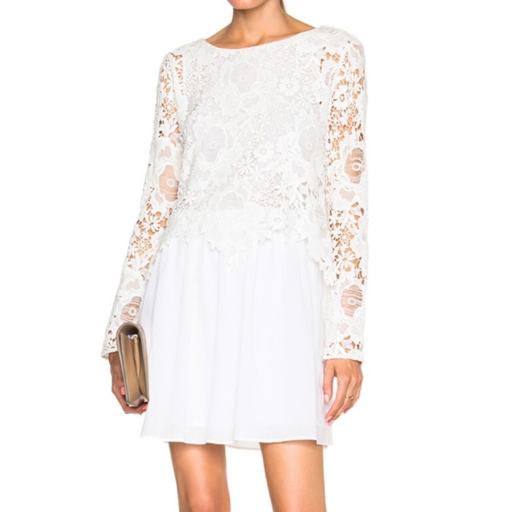 See by Chloè Macrame Lace Off White Cream Cotton Poplin Boho Dress NWT 34 US 2